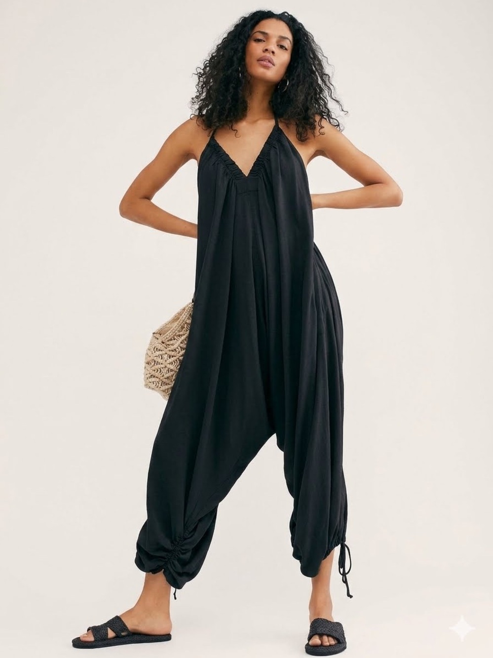 Free People Always Fun Jumpsuit XL Black Boho Linen Blend Balloon Harem Romper